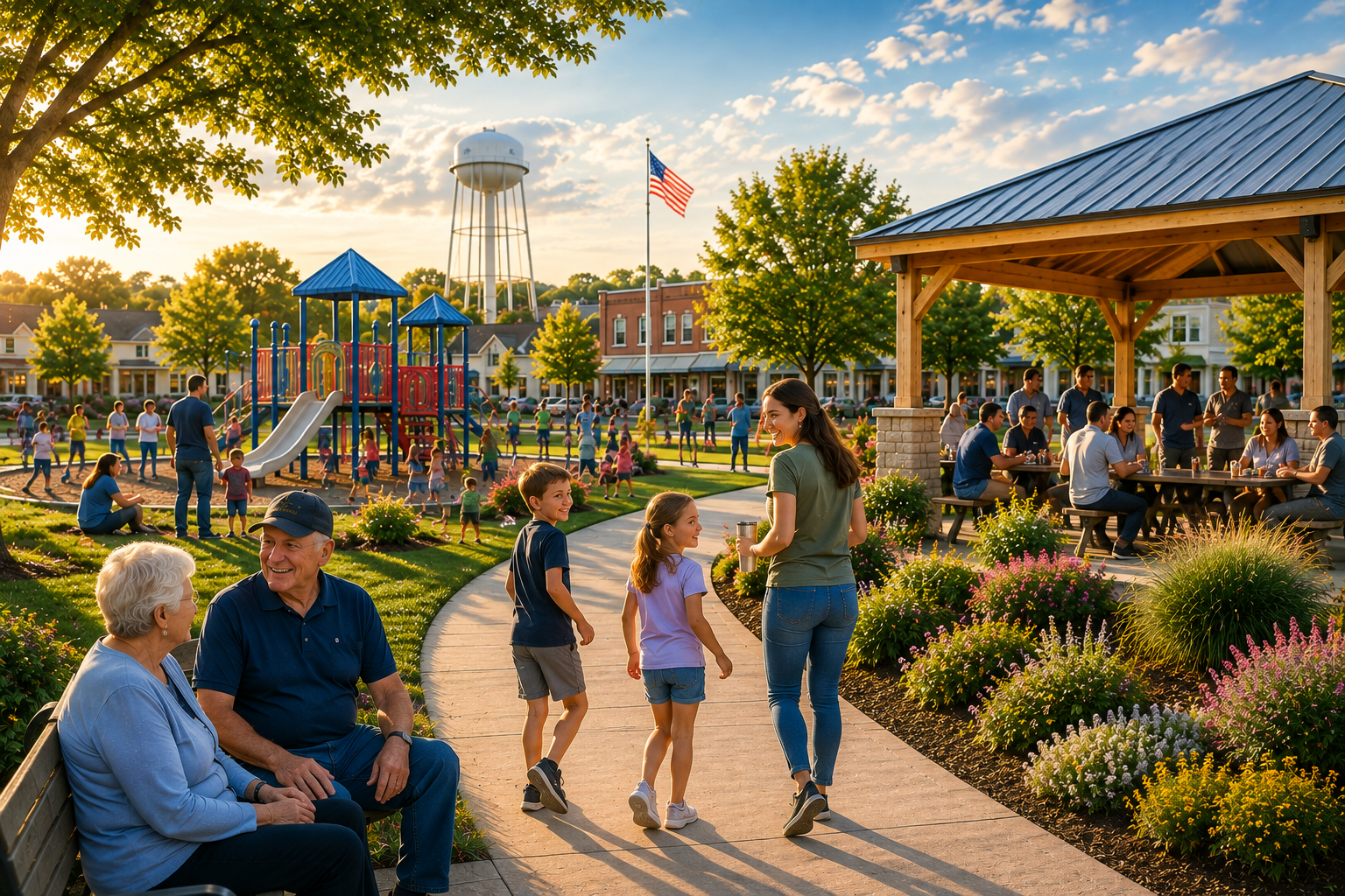 Families, seniors, and children enjoying a strong community park and shared public space