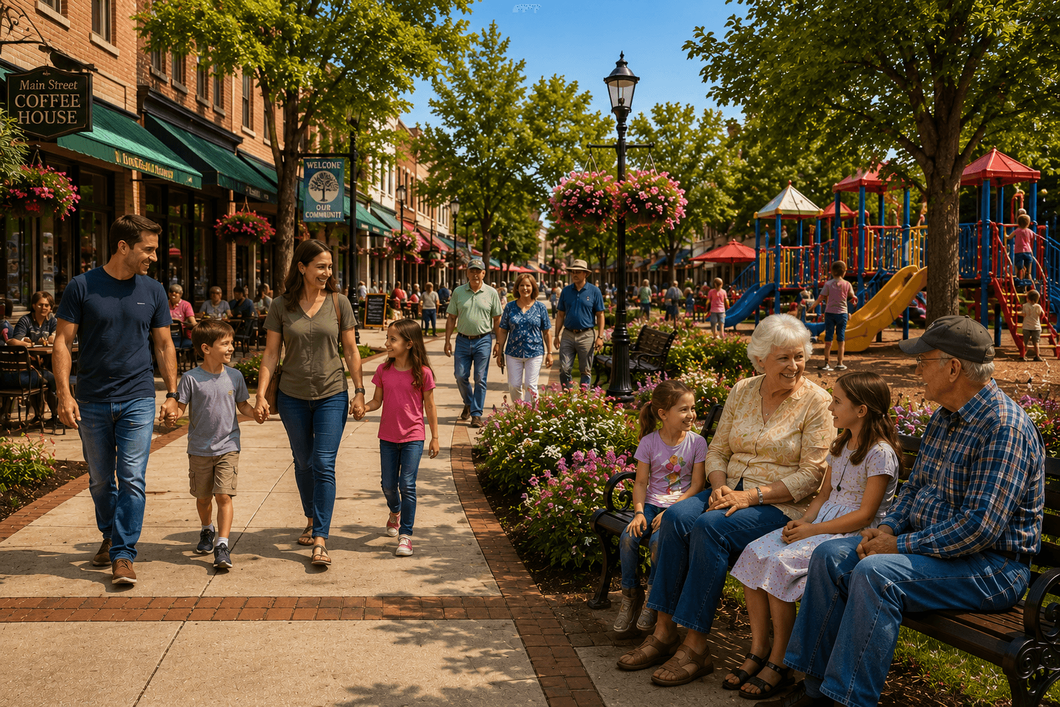 Families, seniors, and children enjoying an active community setting