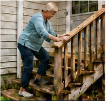 Older homeowner using unsafe exterior steps requiring accessibility and safety repair