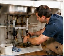 Plumber repairing a failed under-sink household system