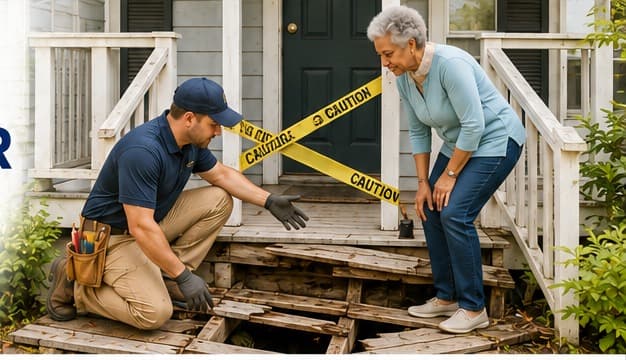 Homeowner and repair professional examining a severely deteriorated porch and entry