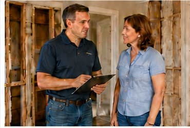 Homeowner and repair professional reviewing the approved repair scope inside a damaged home