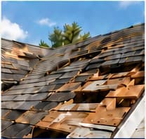 Severely damaged roof requiring critical structural repair