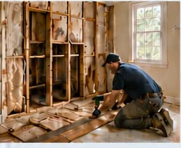 Repair professional restoring water-damaged flooring and wall structure