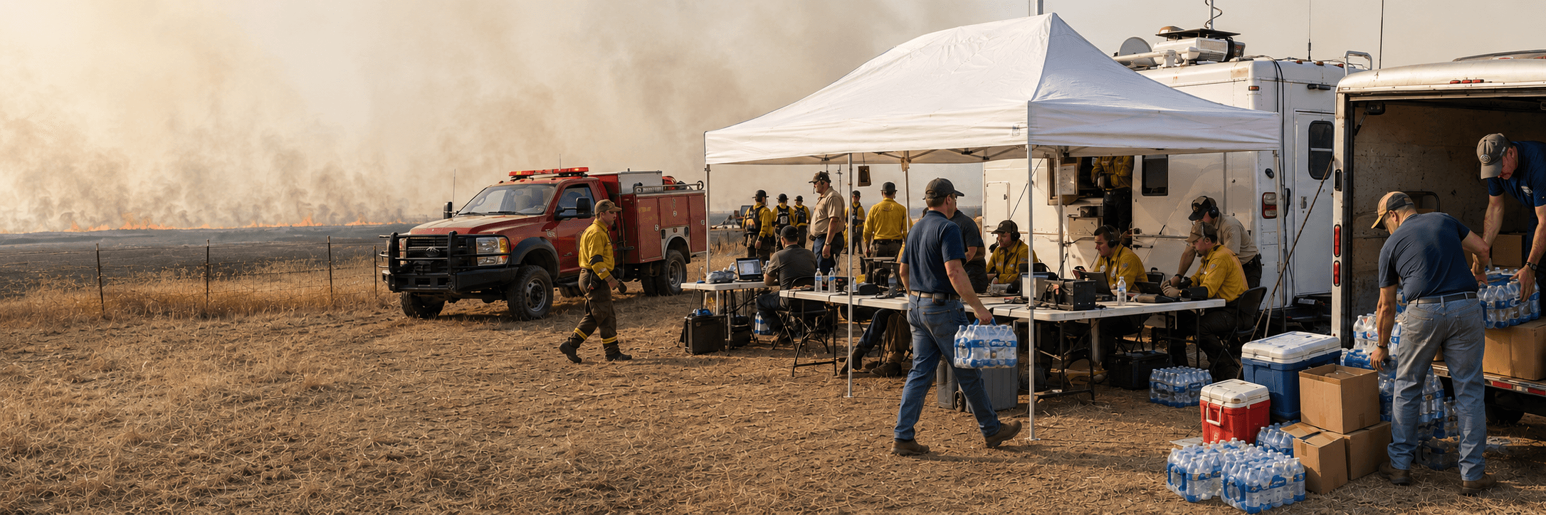 Emergency personnel working at a grass-fire command station while community volunteers unload food, water, and supplies