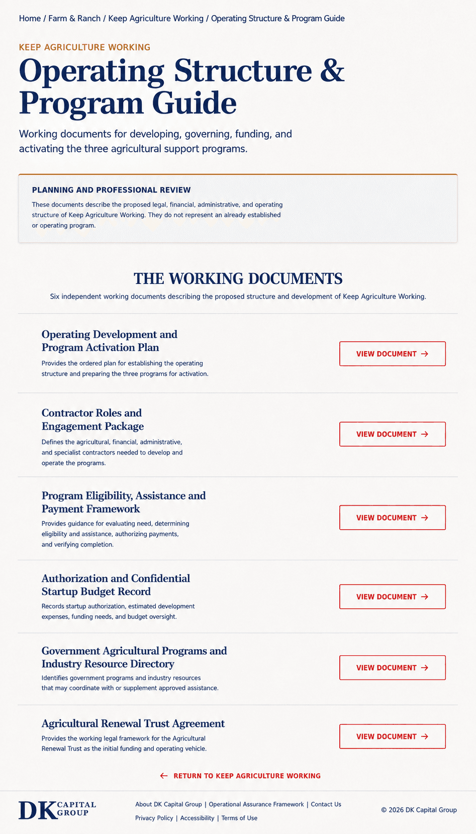 Keep Agriculture Working operating structure and program guide