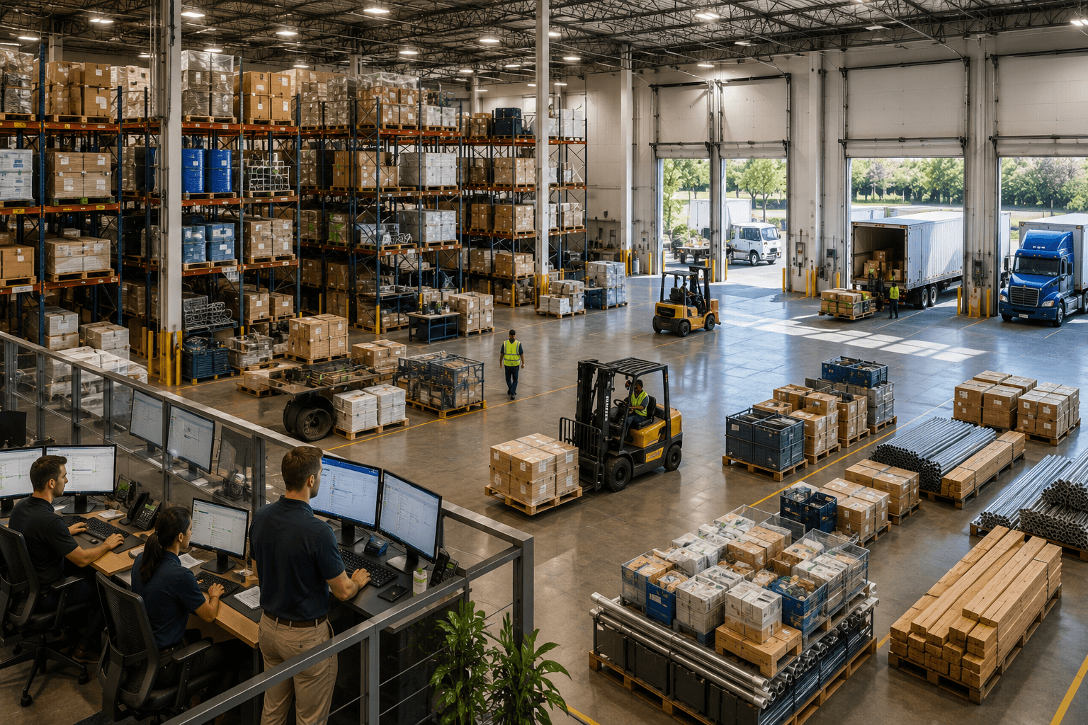 Warehouse team coordinating inventory, forklifts, and outbound shipments