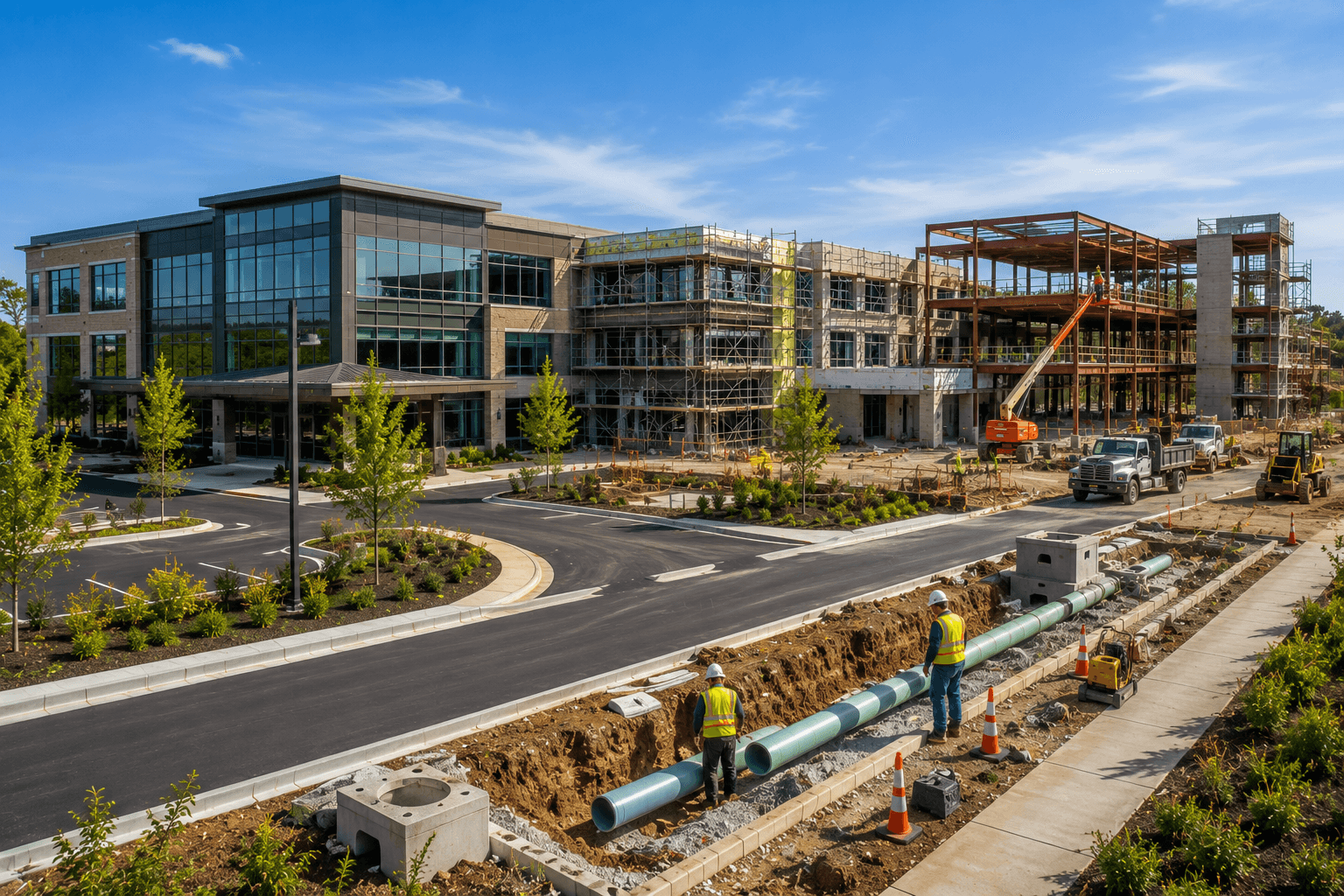 Office and infrastructure construction site with workers and equipment