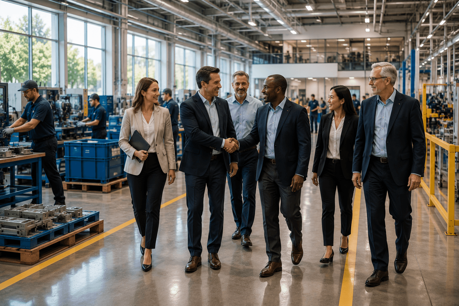 Business leaders discussing enterprise strategy outside an office campus