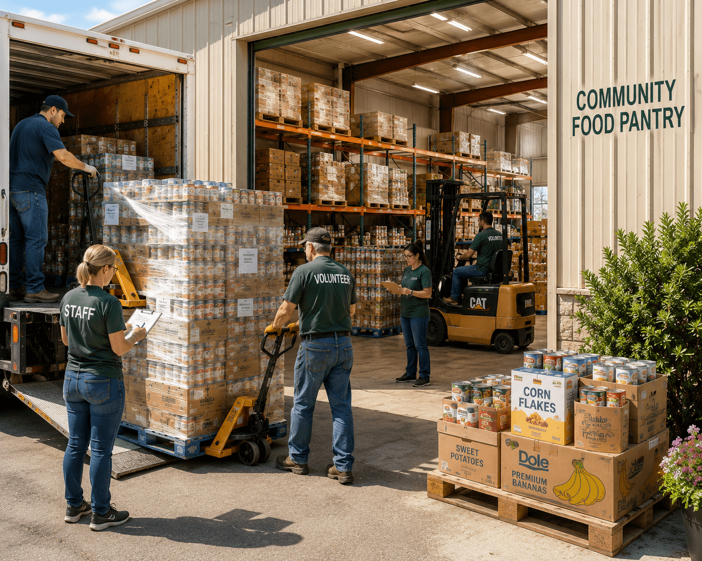 Staff and volunteers unloading food supplies at a community food pantry