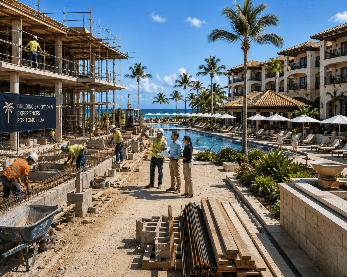Construction team expanding a coastal resort beside an active pool