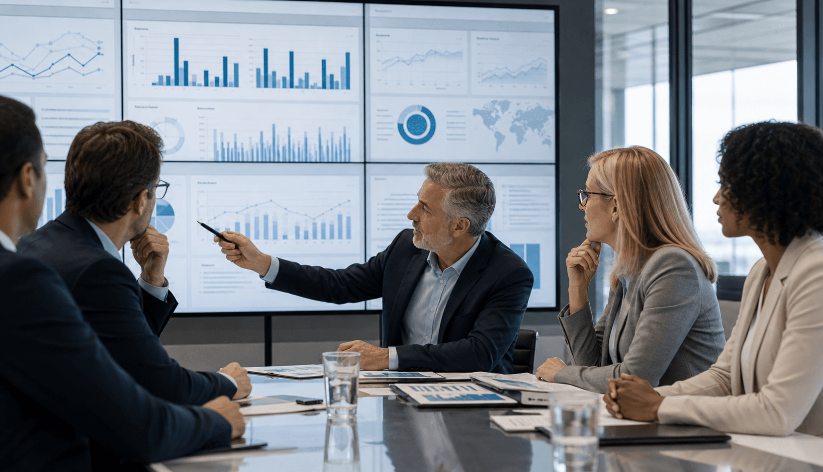 Business leaders reviewing enterprise information and analysis