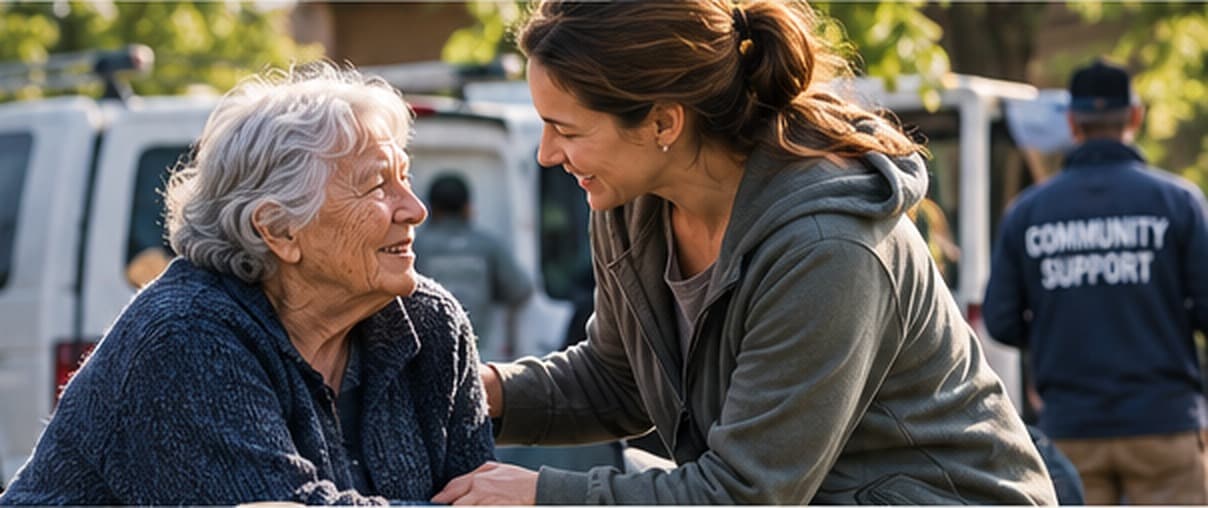 Older woman receiving compassionate assistance from a community-support worker