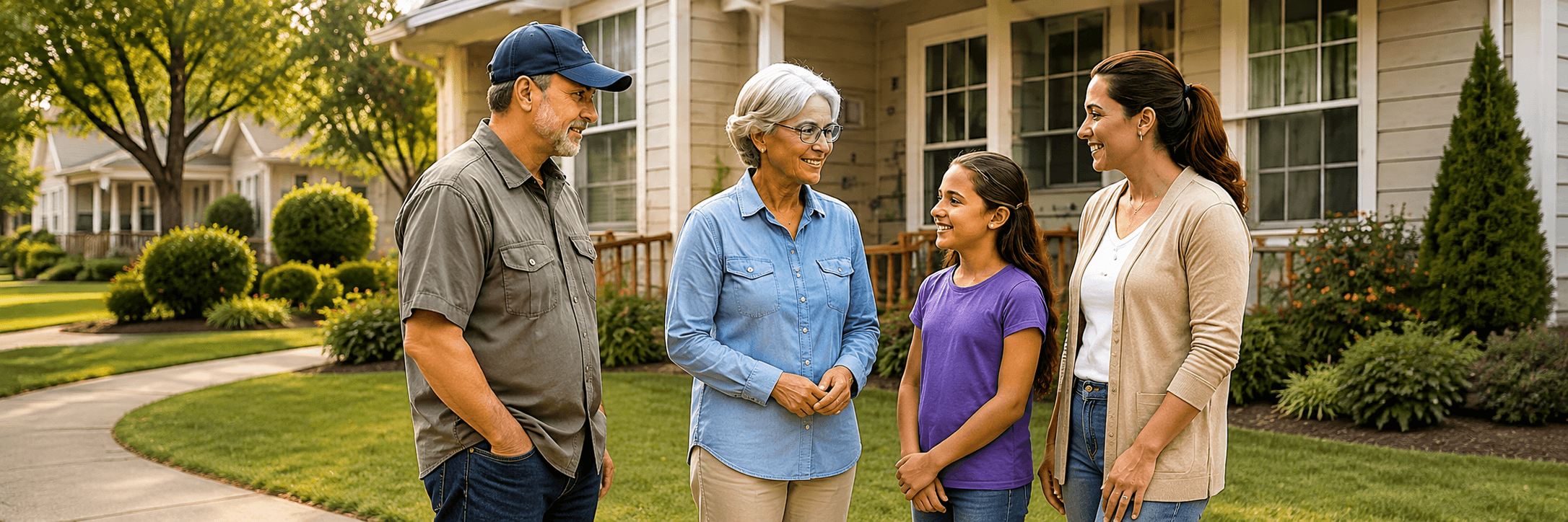 Community partners and a young person talking together outside a neighborhood home