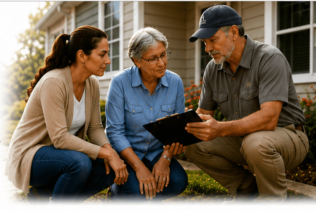 Neighbor to Neighbor community partners reviewing assistance needs outside a home