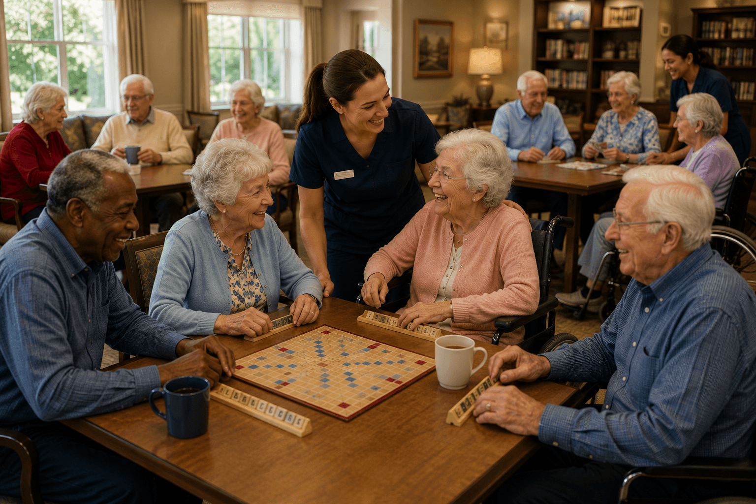 Older adults sharing conversation and companionship in a community room