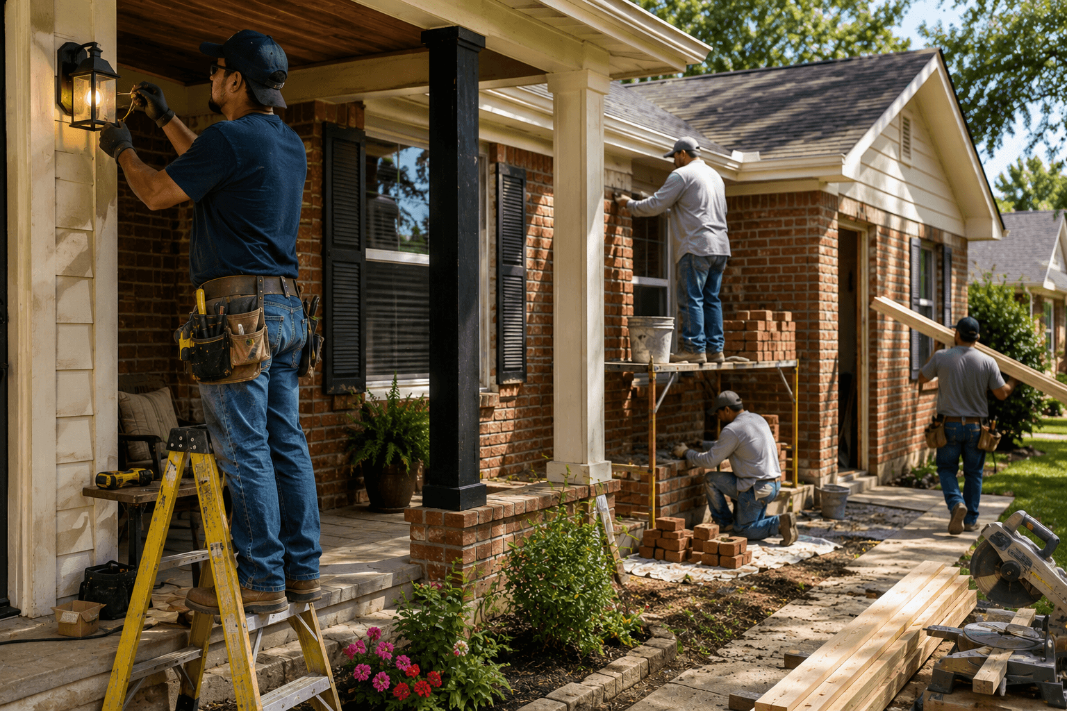 Community construction team restoring the exterior of a neighborhood home