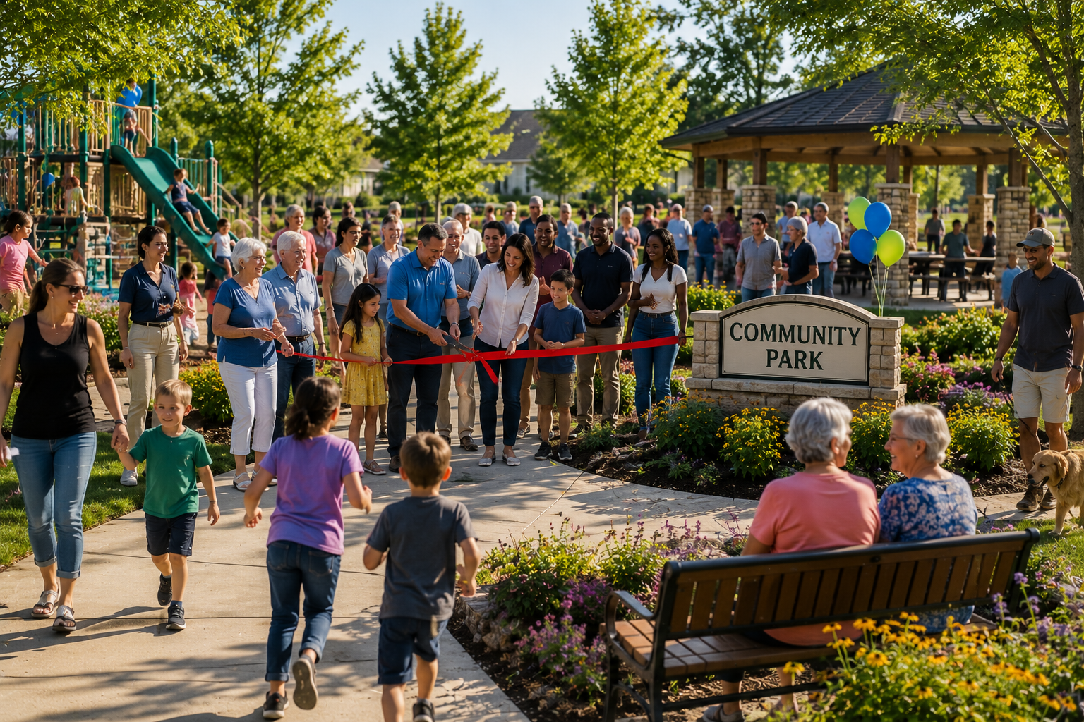 Families and neighbors celebrating together in a new community park