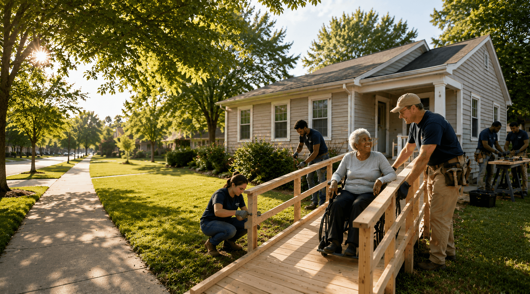 Homeowner and community volunteers beside a newly built accessibility ramp
