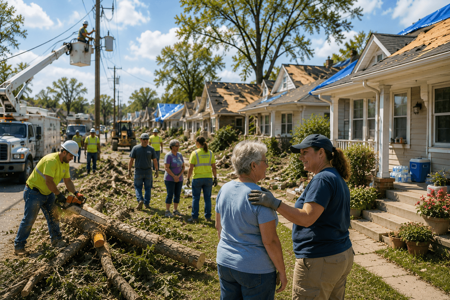 Disaster recovery teams and neighbors restoring storm-damaged homes