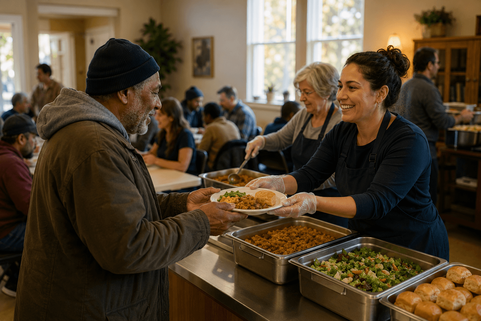 Community volunteer serving a warm meal at a neighborhood gathering
