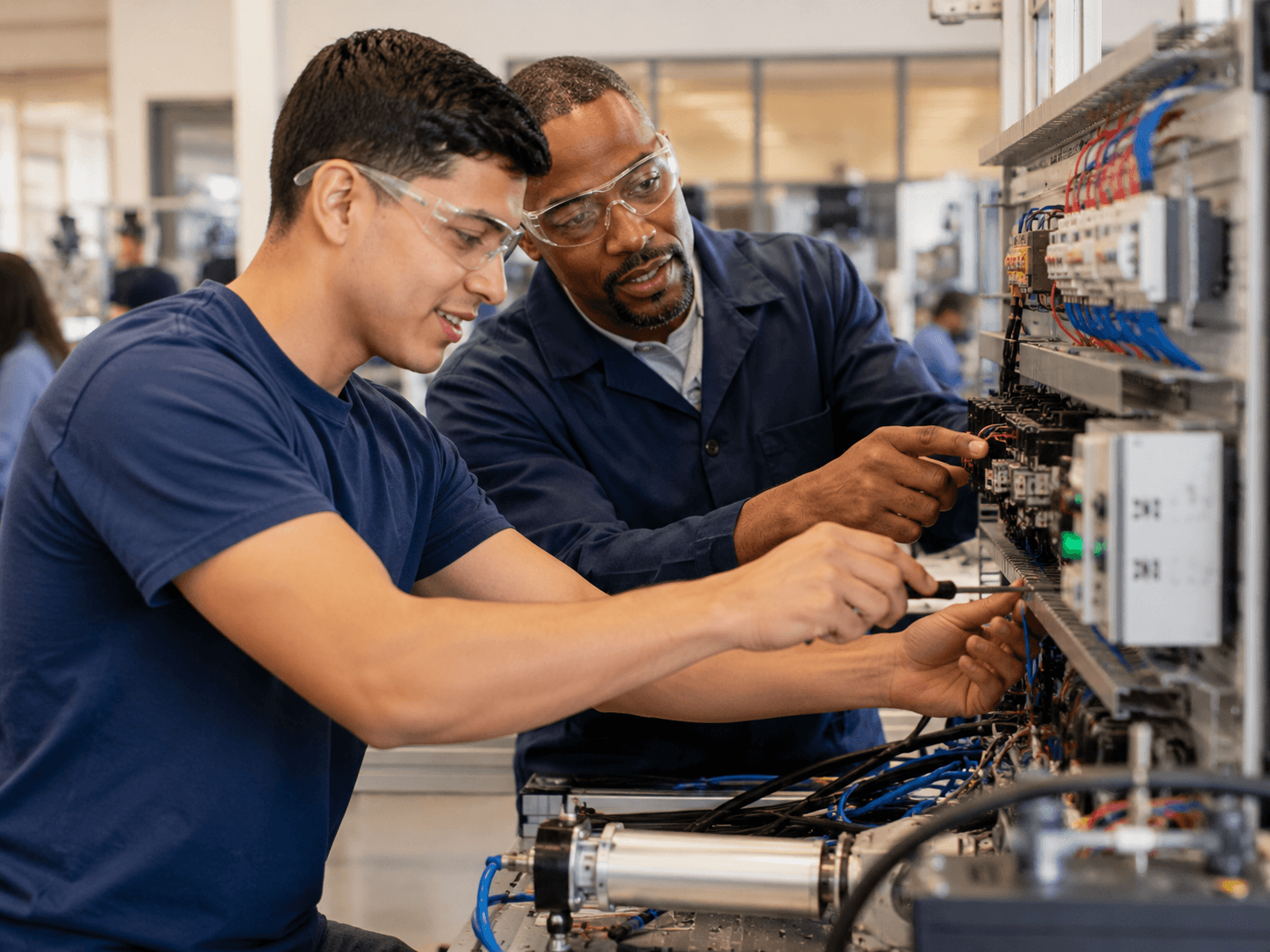 Technical workforce instructor guiding a student through hands-on electrical systems training