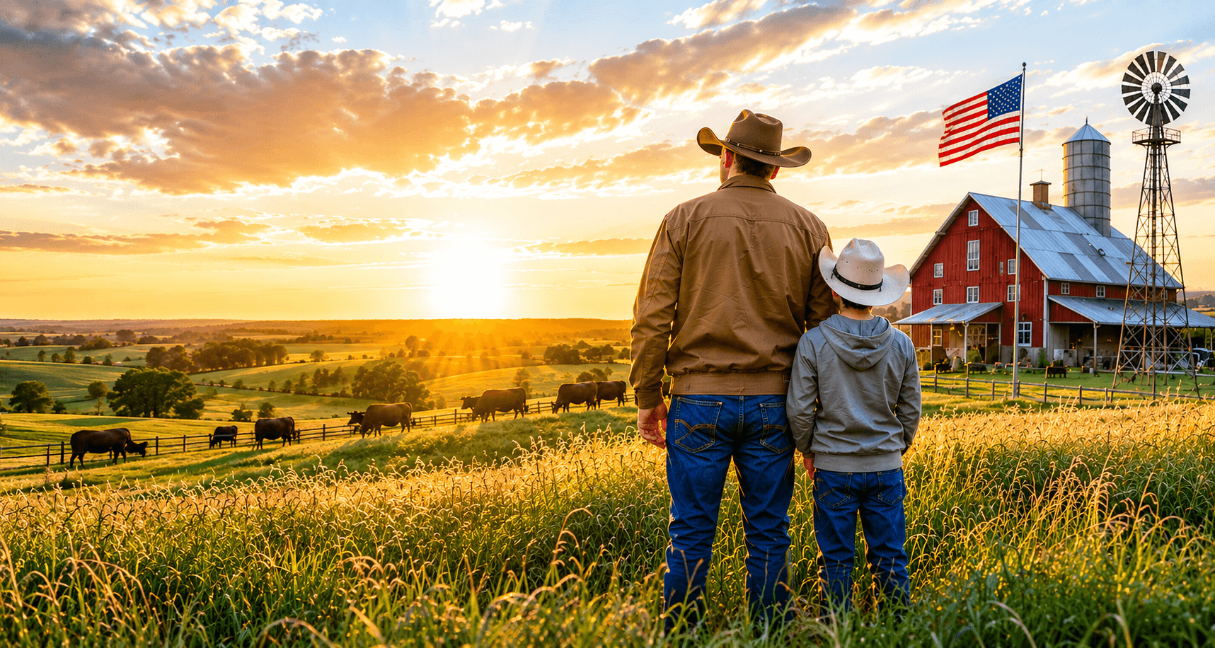 Farmer and child overlooking a working American farm, ranch land, livestock, and agricultural buildings