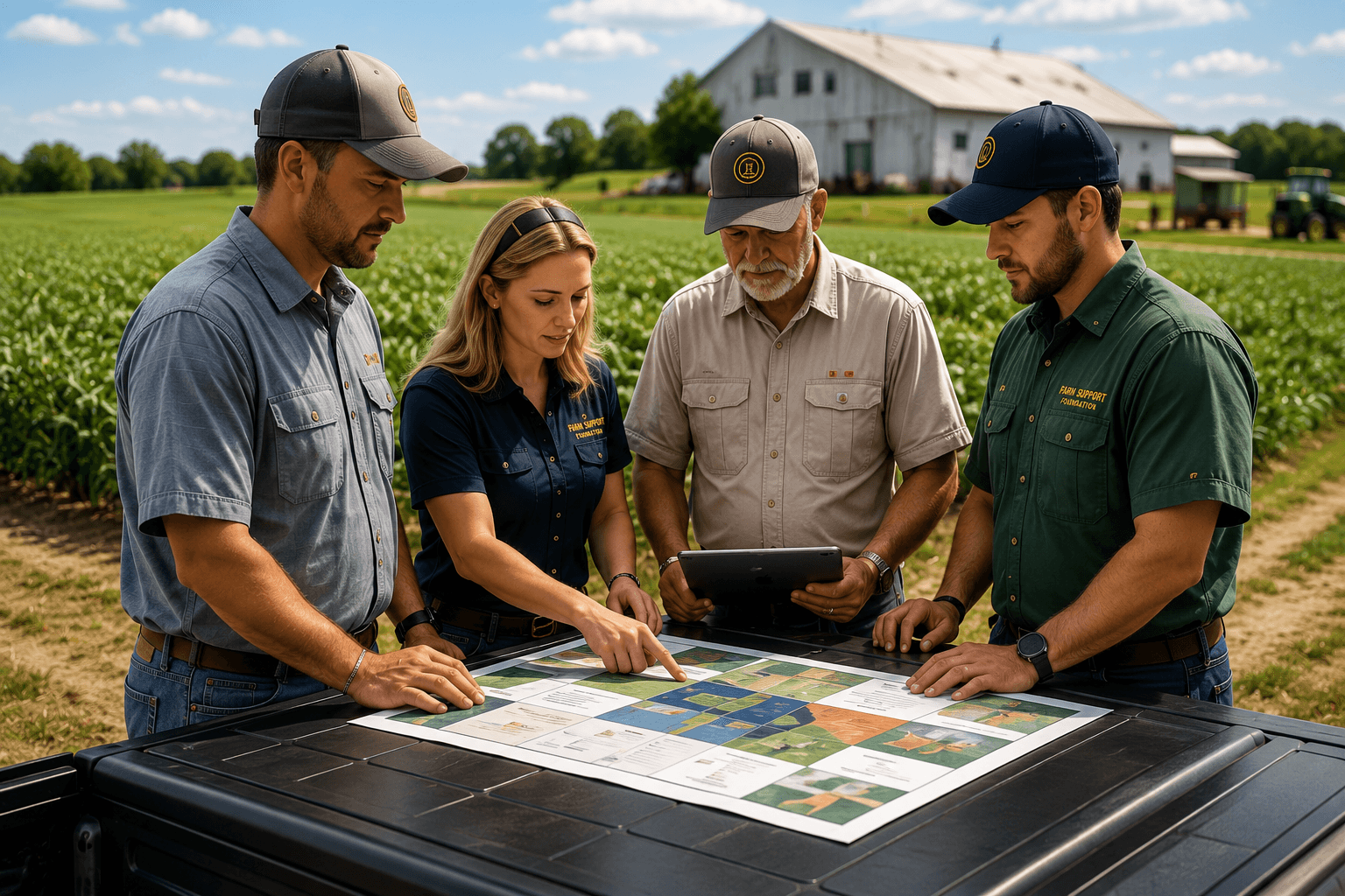 Agricultural specialists and producers reviewing a practical operating need
