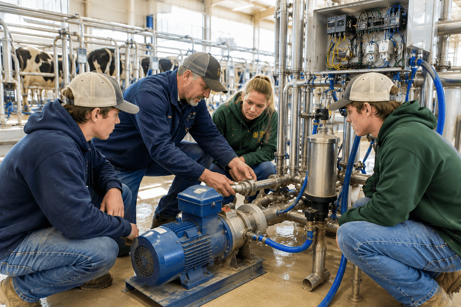 Instructor guiding trainees through hands-on dairy systems maintenance and agricultural technical training