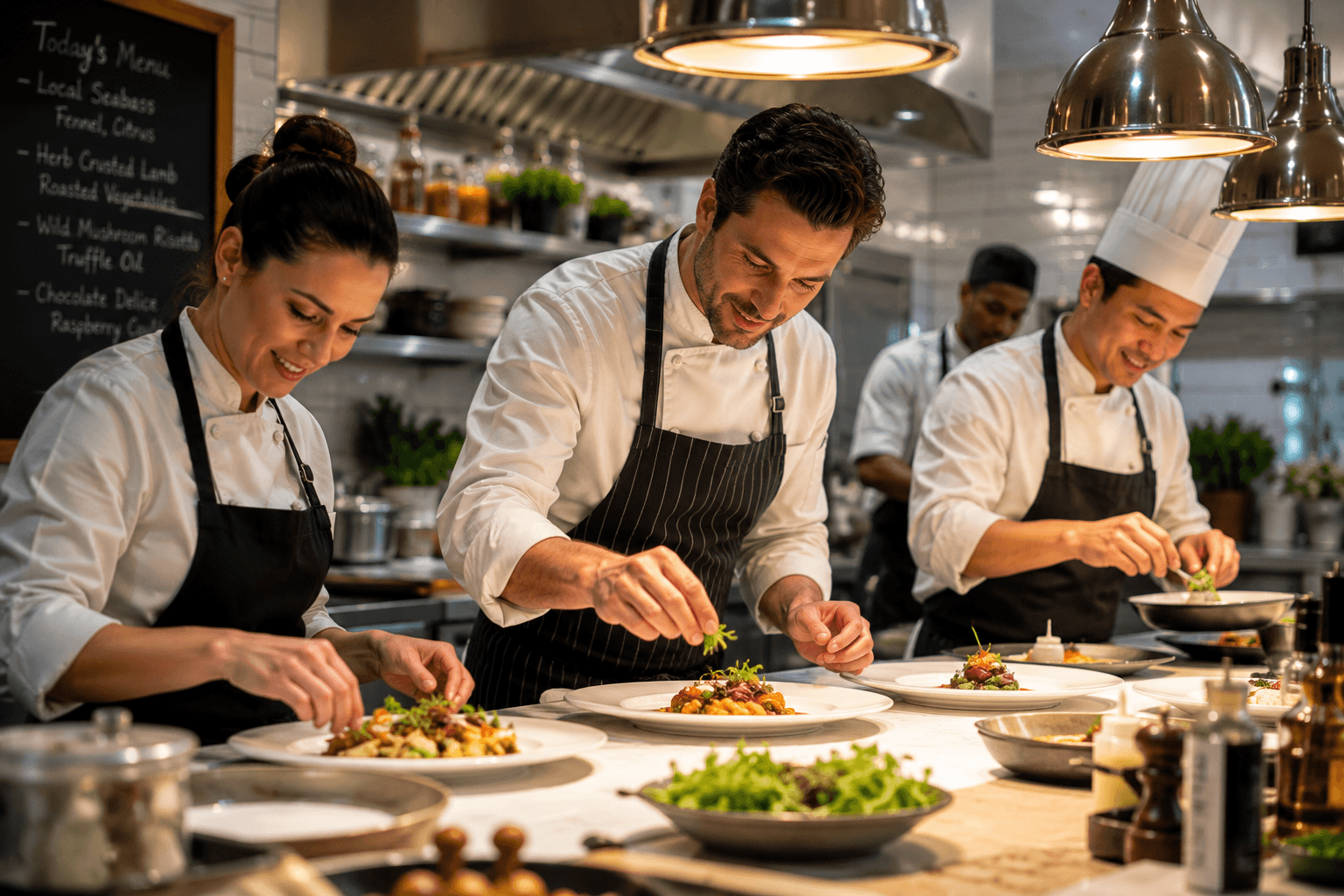 Chefs plating dishes in a professional kitchen