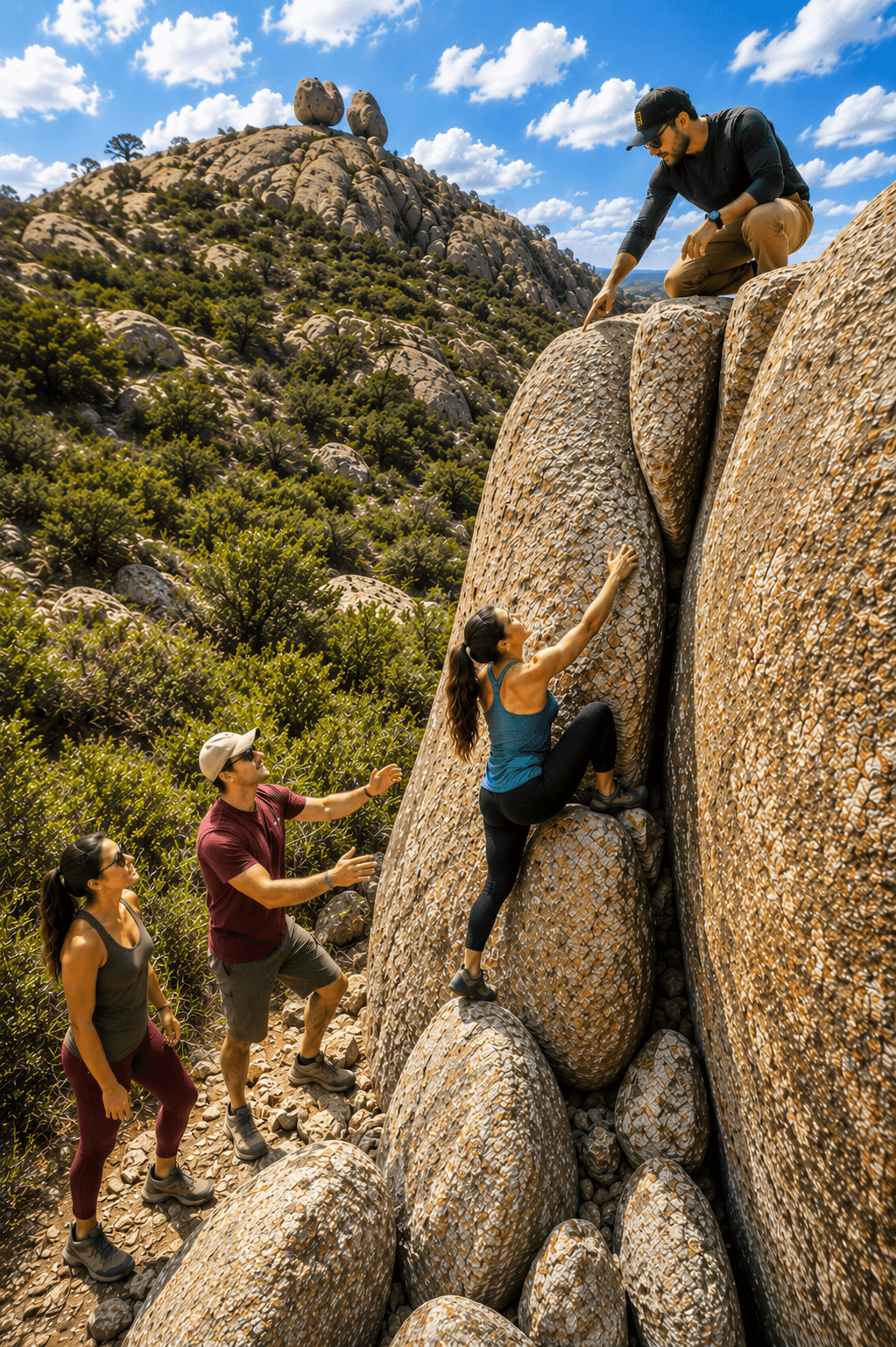 Guides assisting a climber on a rocky mountainside