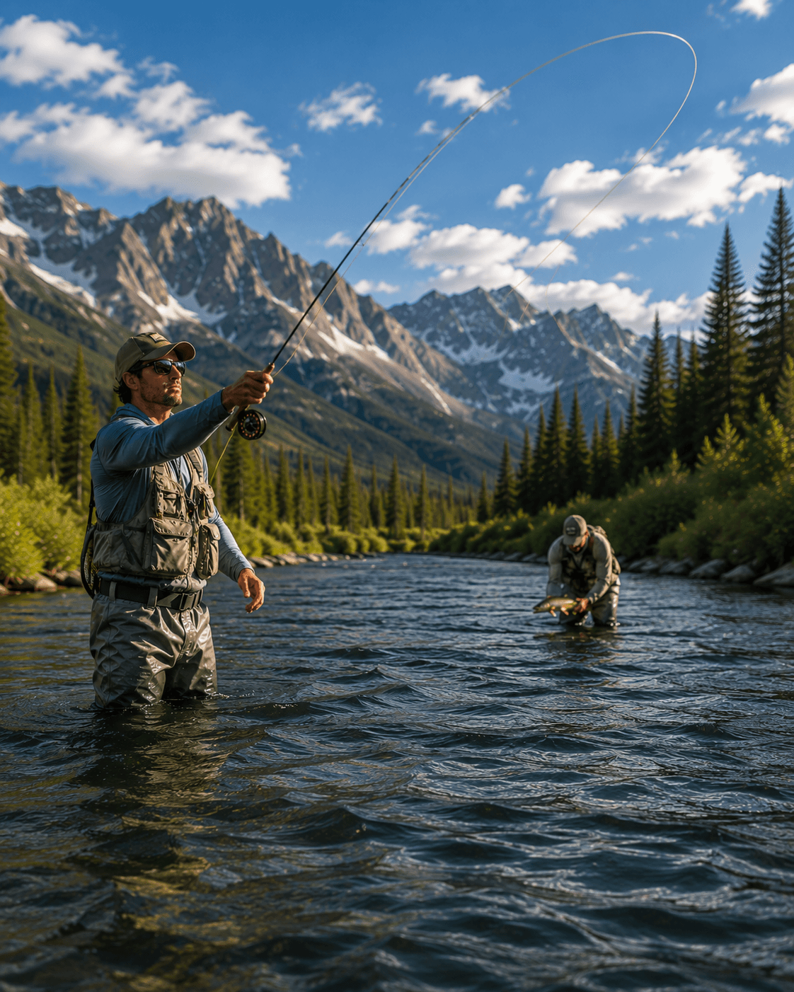 Anglers fly fishing in a mountain river