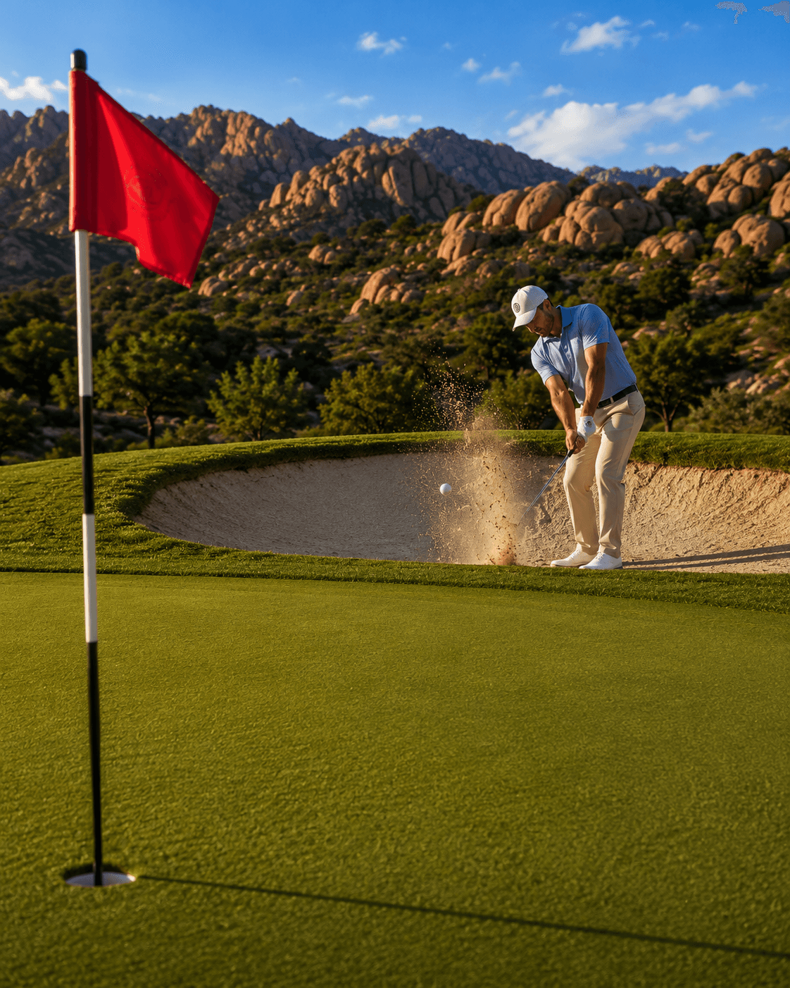 Golfer hitting from a bunker beside a mountain green