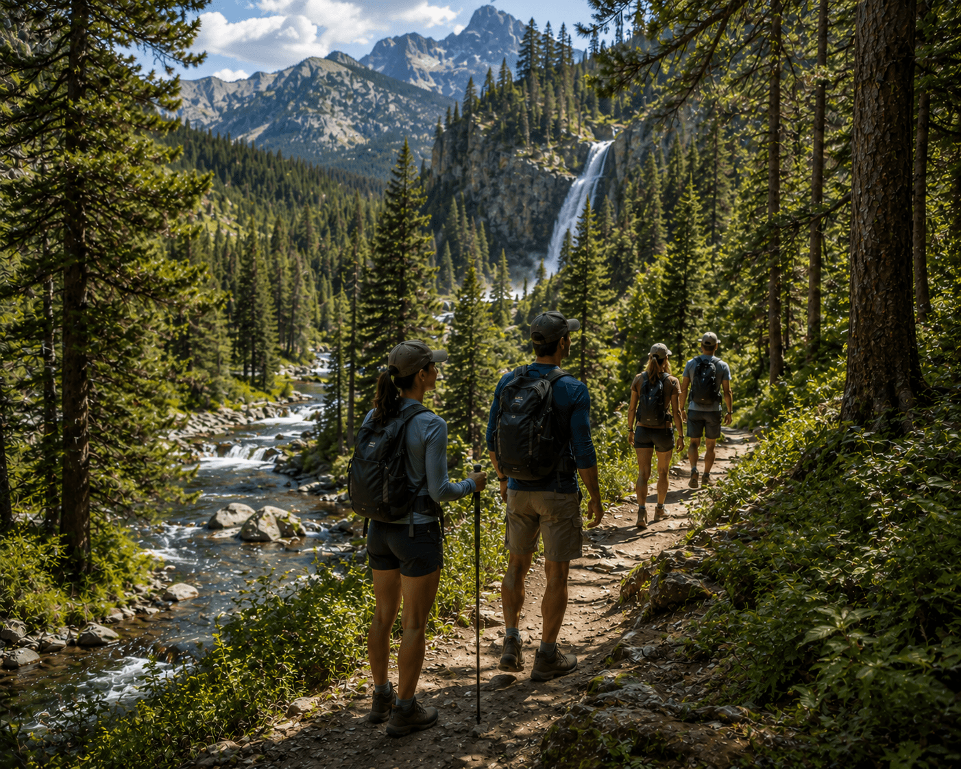 Hikers following a forest trail toward a waterfall