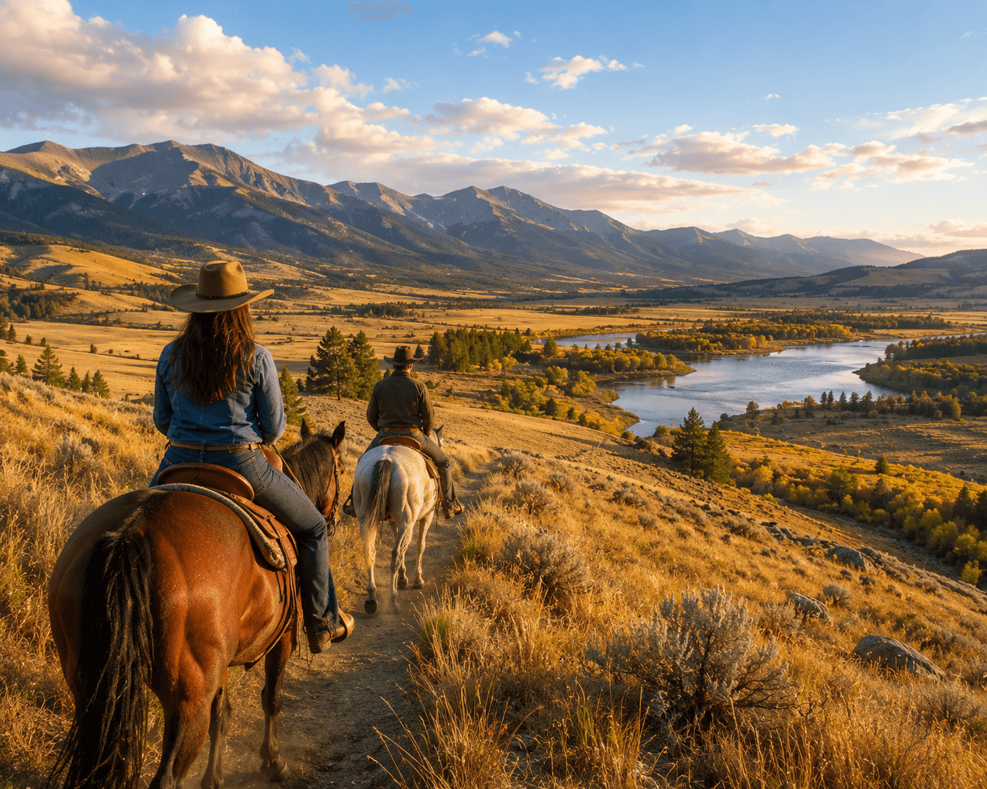 Two riders crossing open country on horseback
