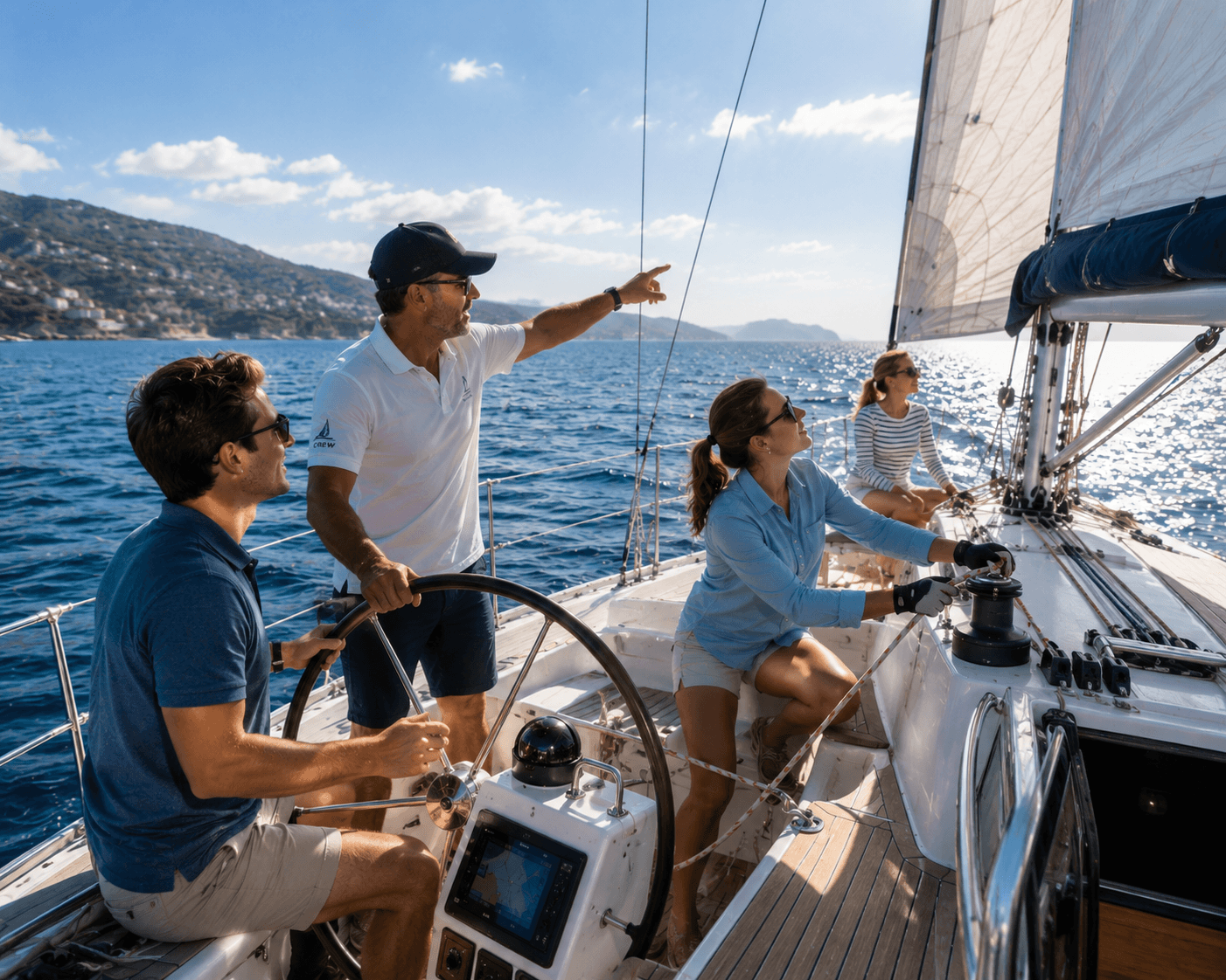 Friends sailing a yacht along a sunny coastline