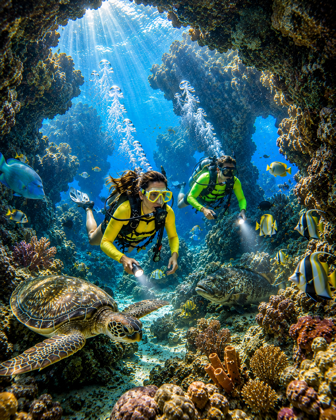 Scuba divers exploring a coral reef with sea turtles