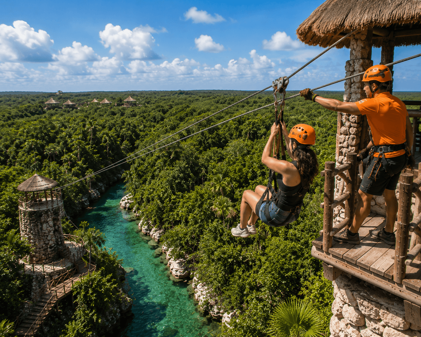Traveler launching on a zip line above a tropical river