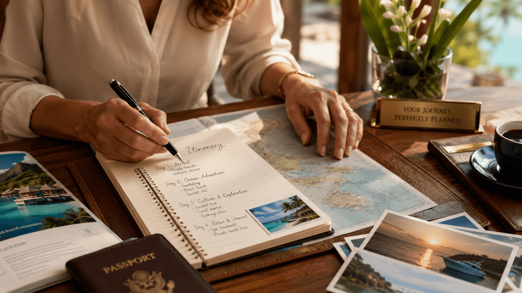 Traveler writing an itinerary beside maps and photographs