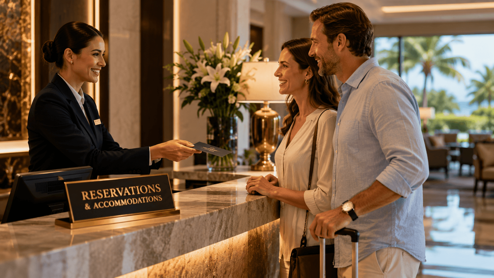 Hotel receptionist assisting two arriving guests