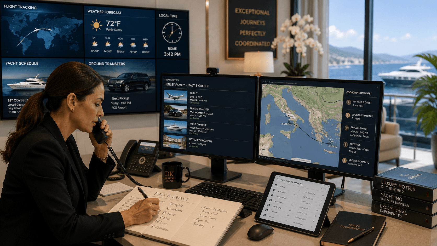 Travel coordinator managing guest arrangements at a desk