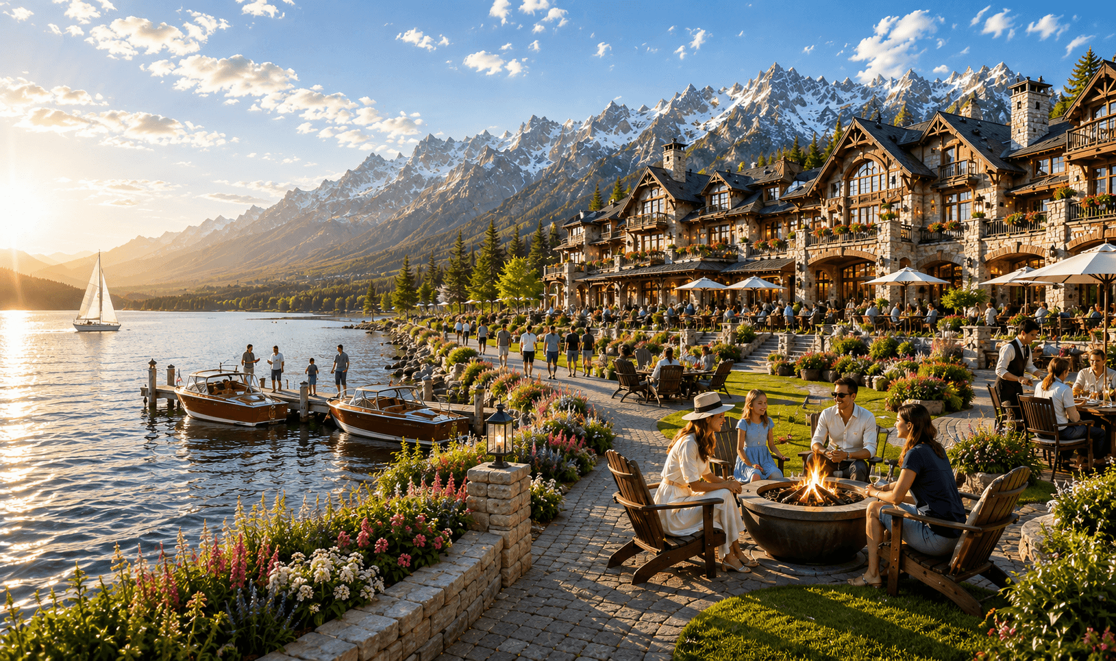 Lakefront resort with mountains, family dining terrace, dock, and waterfront activities