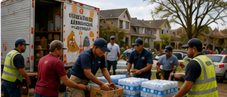 Public-safety personnel and volunteers organizing emergency supplies